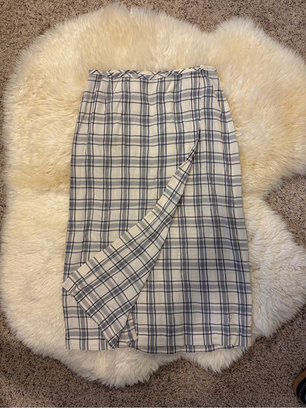 Eddie Bauer Cream and Navy Plaid Midi Skirt